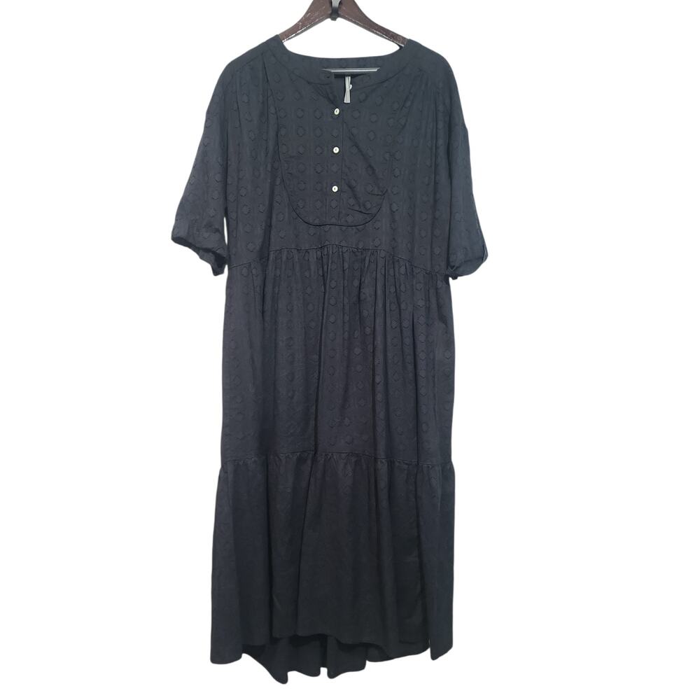 Anthropologie Tiered Button-Front Dress Navy M Swiss Dot Bib Front